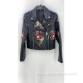 Women's Black Pu Embroidery Jacket